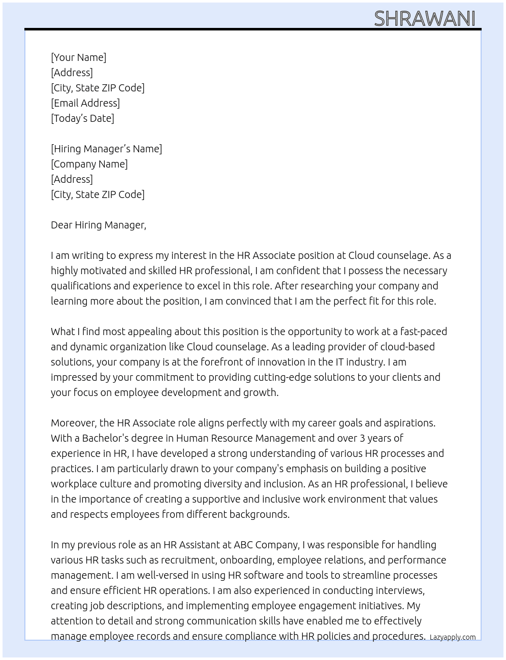 HR Associate At Cloud counselage Cover Letter
