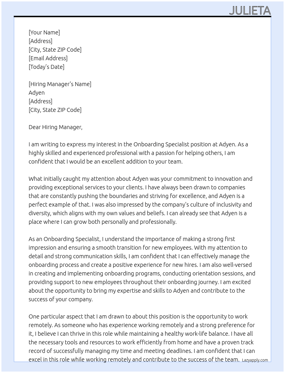 Onboarding Specialist At Adyen Cover Letter