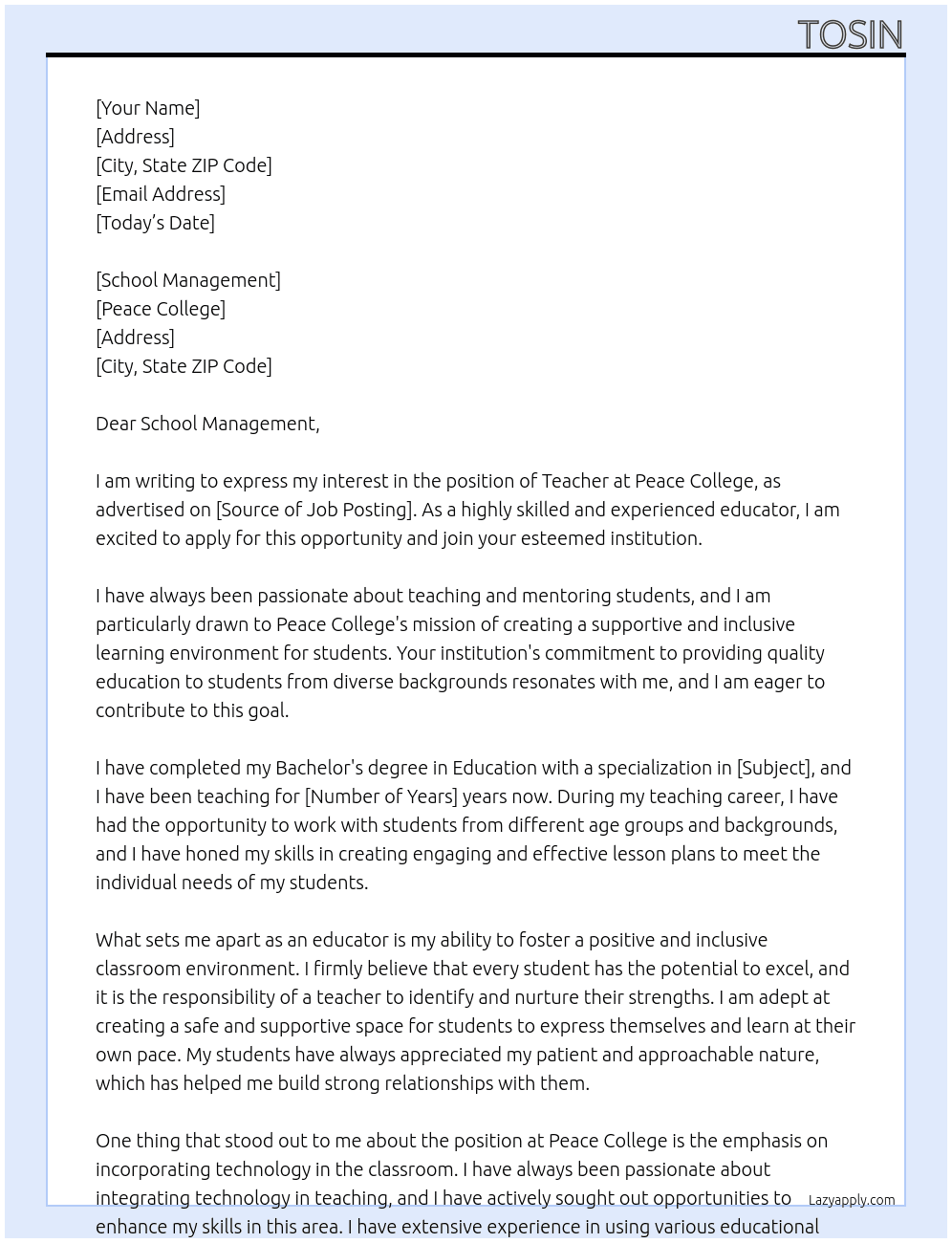 Teacher At Peace college Cover Letter