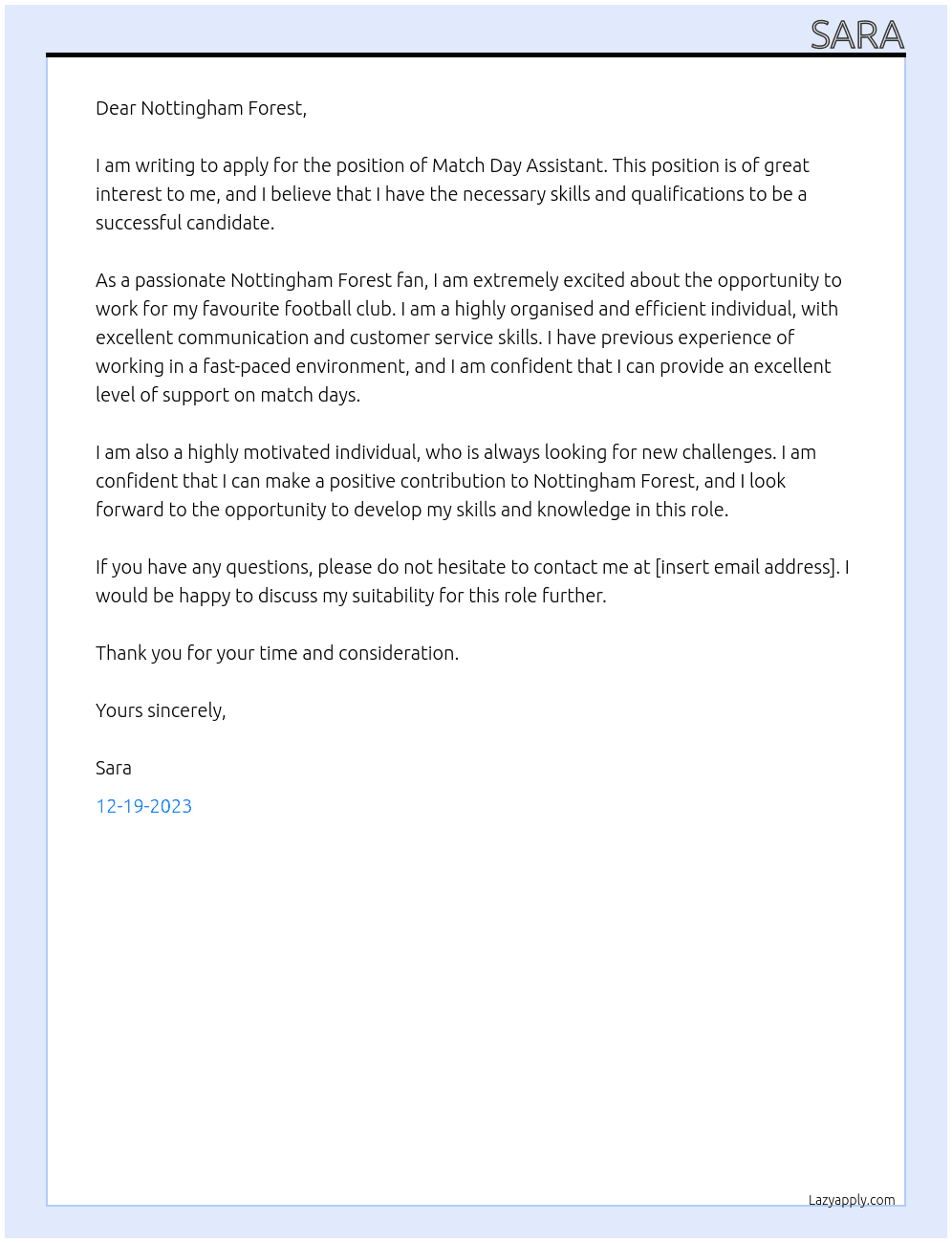 Match Day Assistant  At Nottingham Forest  Cover Letter