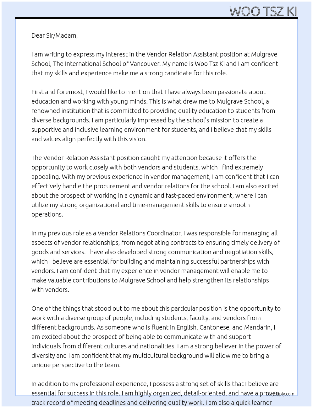 Vendor Relation Assistant At Mulgrave School, The International School of Vancouver Cover Letter