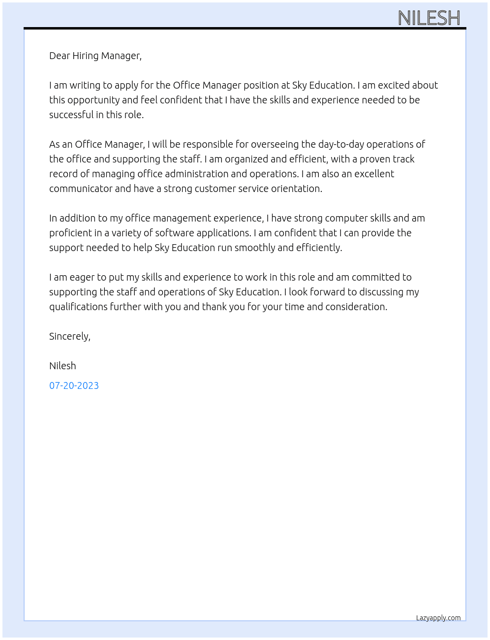 Office Manager  At Sky Education  Cover Letter