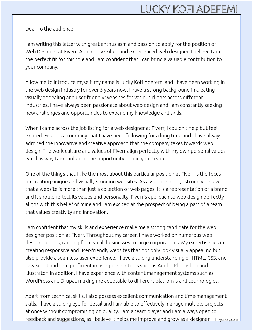 Web designer  At Fiverr Cover Letter