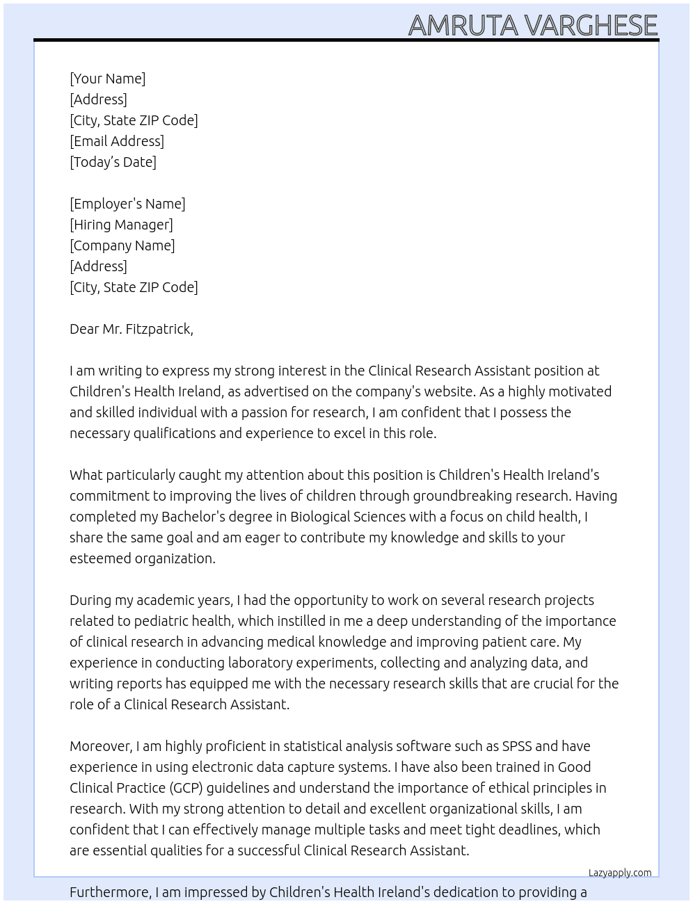 Clinical Research Assistant At Children's Health Ireland Cover Letter
