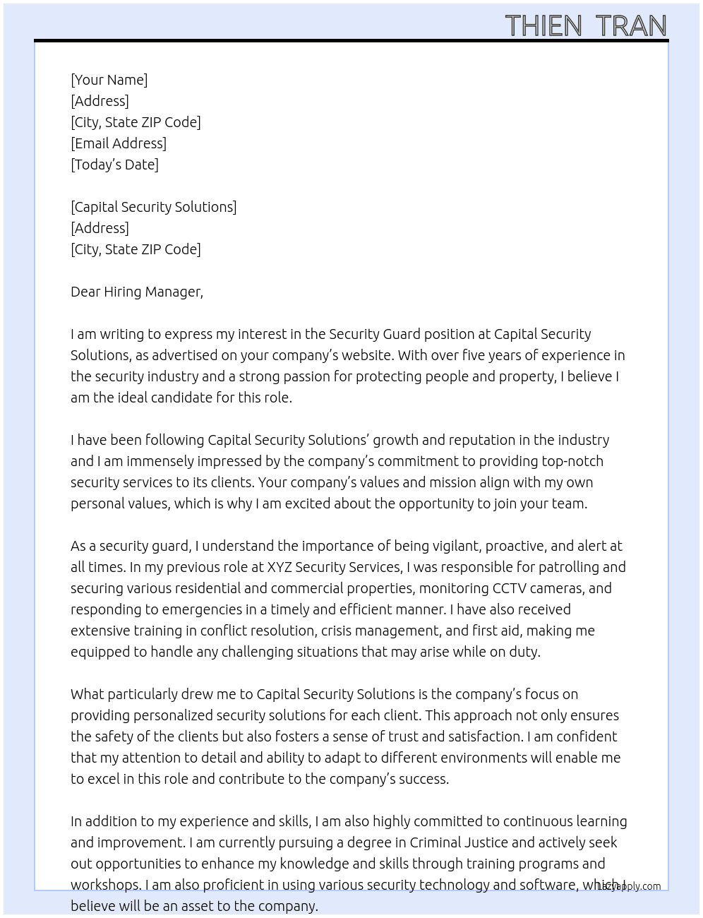 Security Guard At Capital Security Solutions Cover Letter