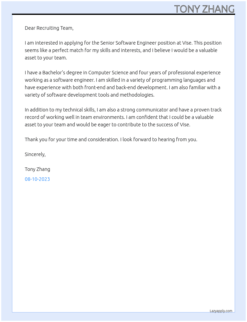 Senior Software Engineer At Vise Cover Letter