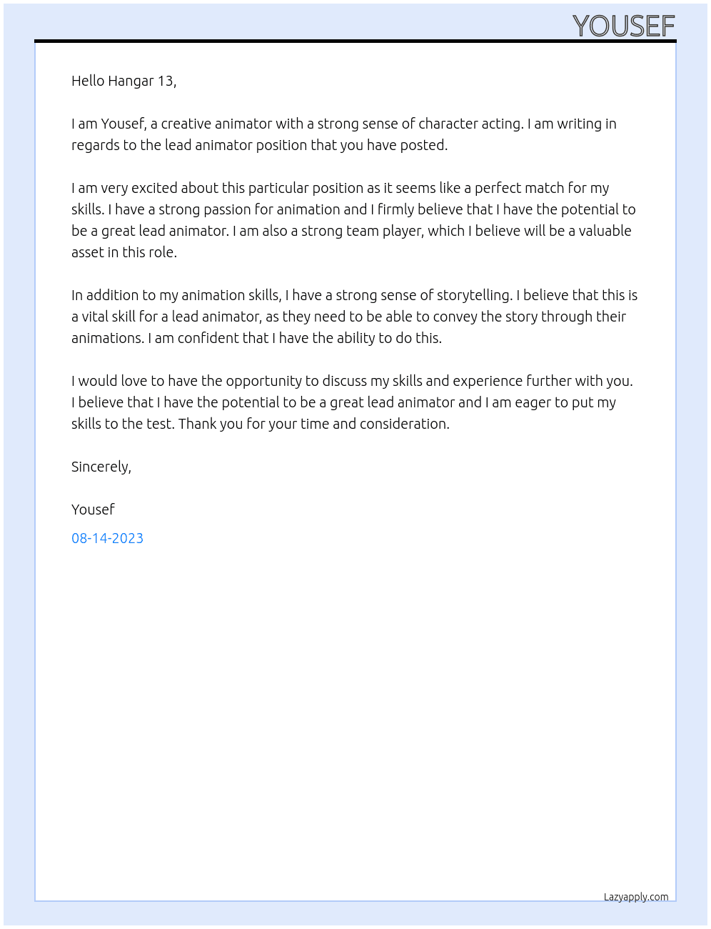 Lead Animator At Hangar 13 Cover Letter