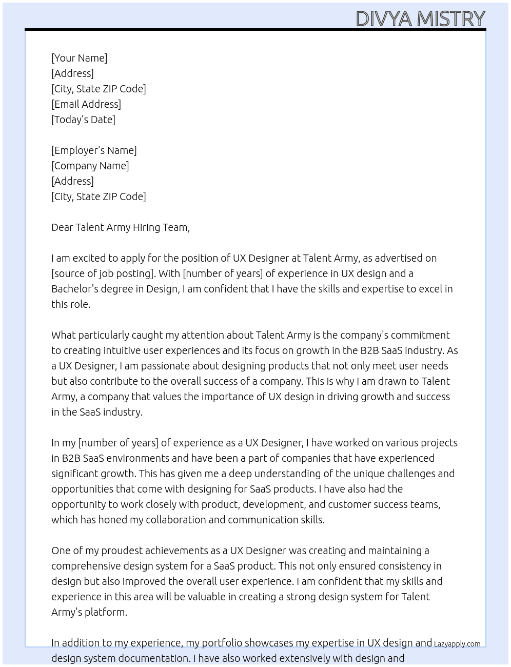 UX Designer At Talent Army Cover Letter