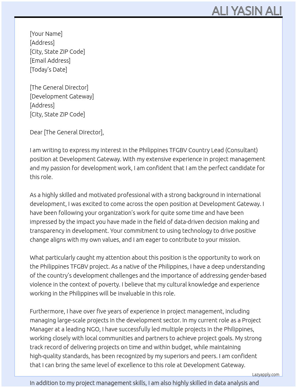 Philippines TFGBV Country Lead (Consultant) At Development Gateway  Cover Letter