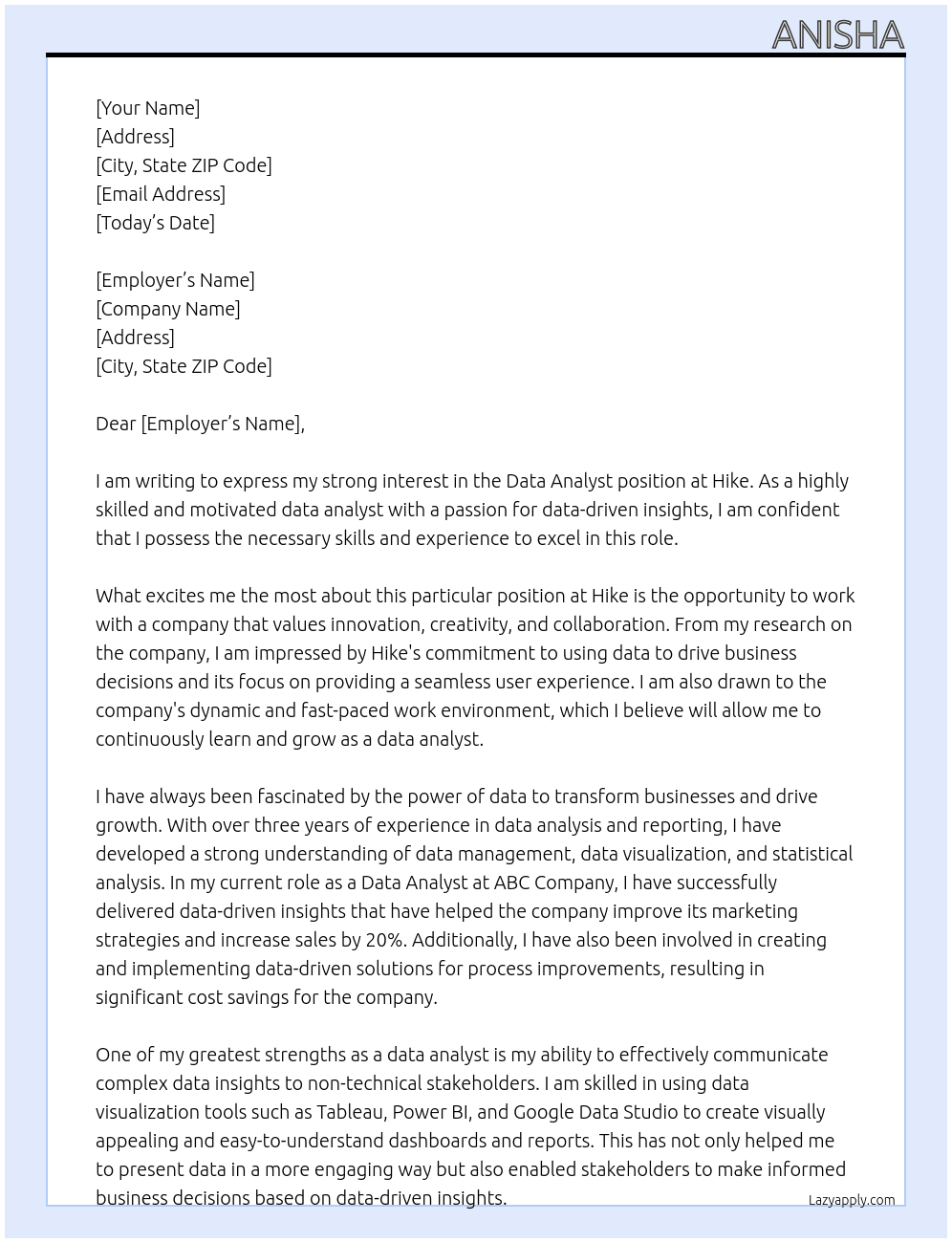Data Analyst At Hike Cover Letter