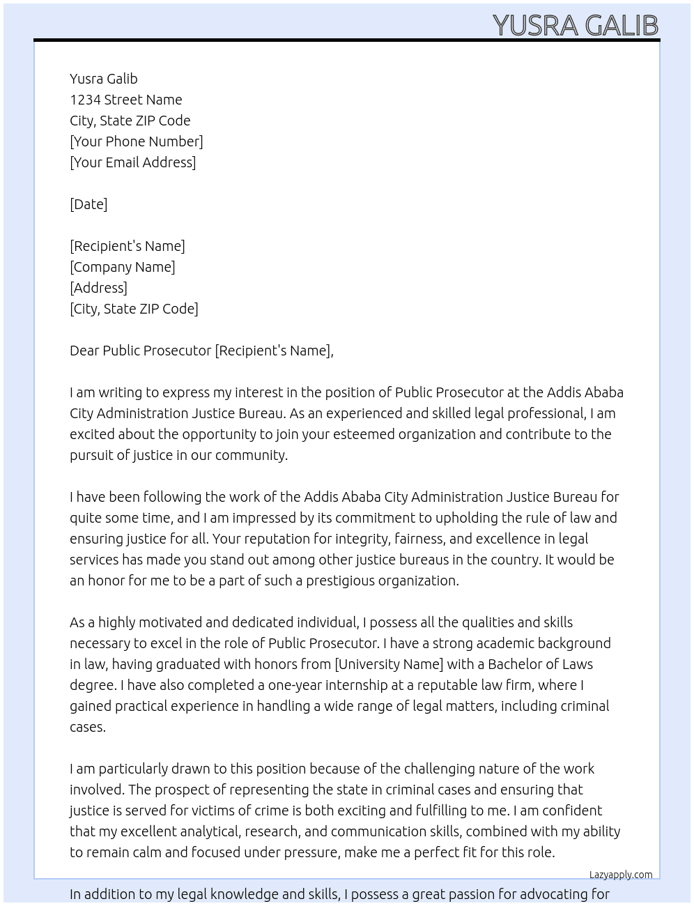public procecutor At addis ababa city administration justice bureu Cover Letter