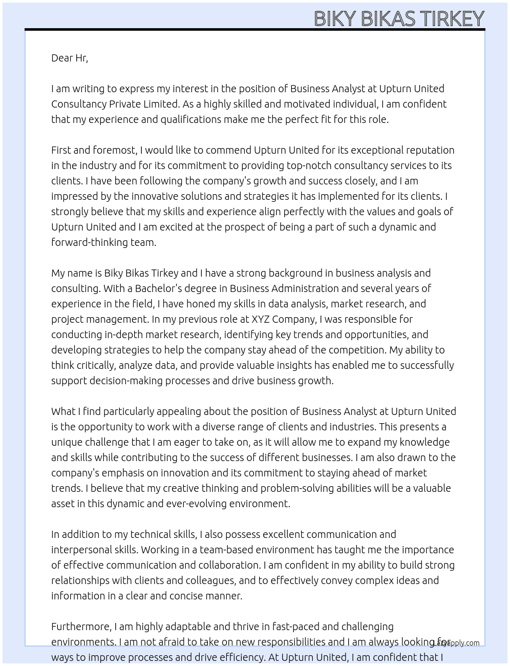 Business Analyst  At Upturn United Consultancy Private Limited Cover Letter