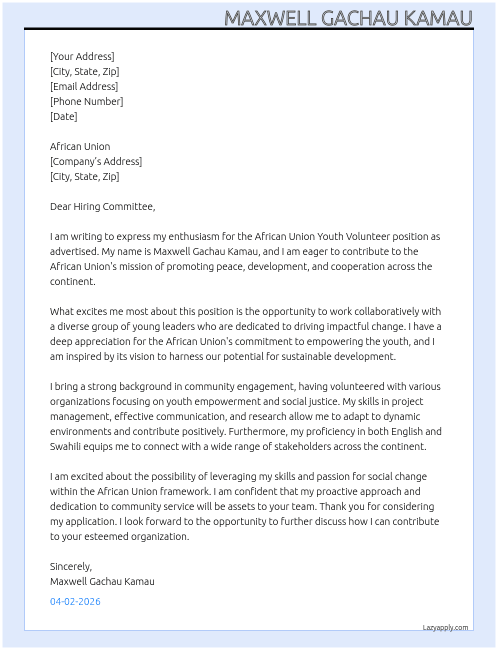 Cover letter for african union youth volunteer - LazyApply