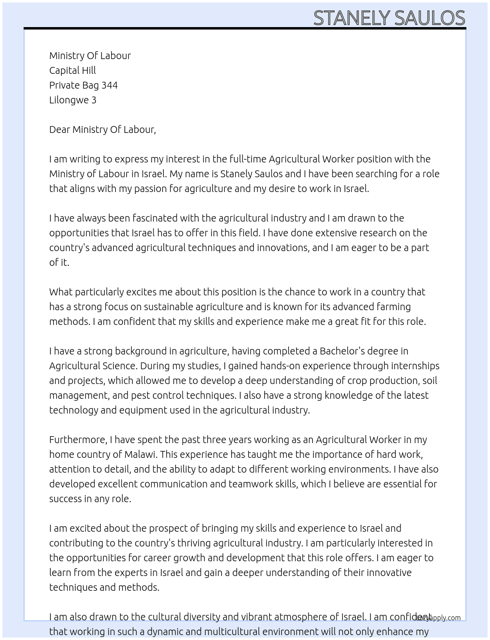 Agricultural Worker In Israel At Israel Cover Letter