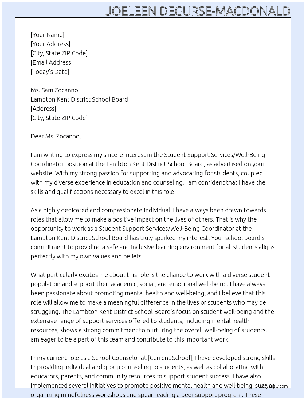 Student Support Services/Well-Being Coordinator At Lambton Kent District School Board Cover Letter
