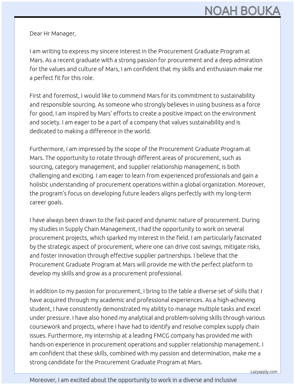 Procurement Graduate Program  At Mars Cover Letter