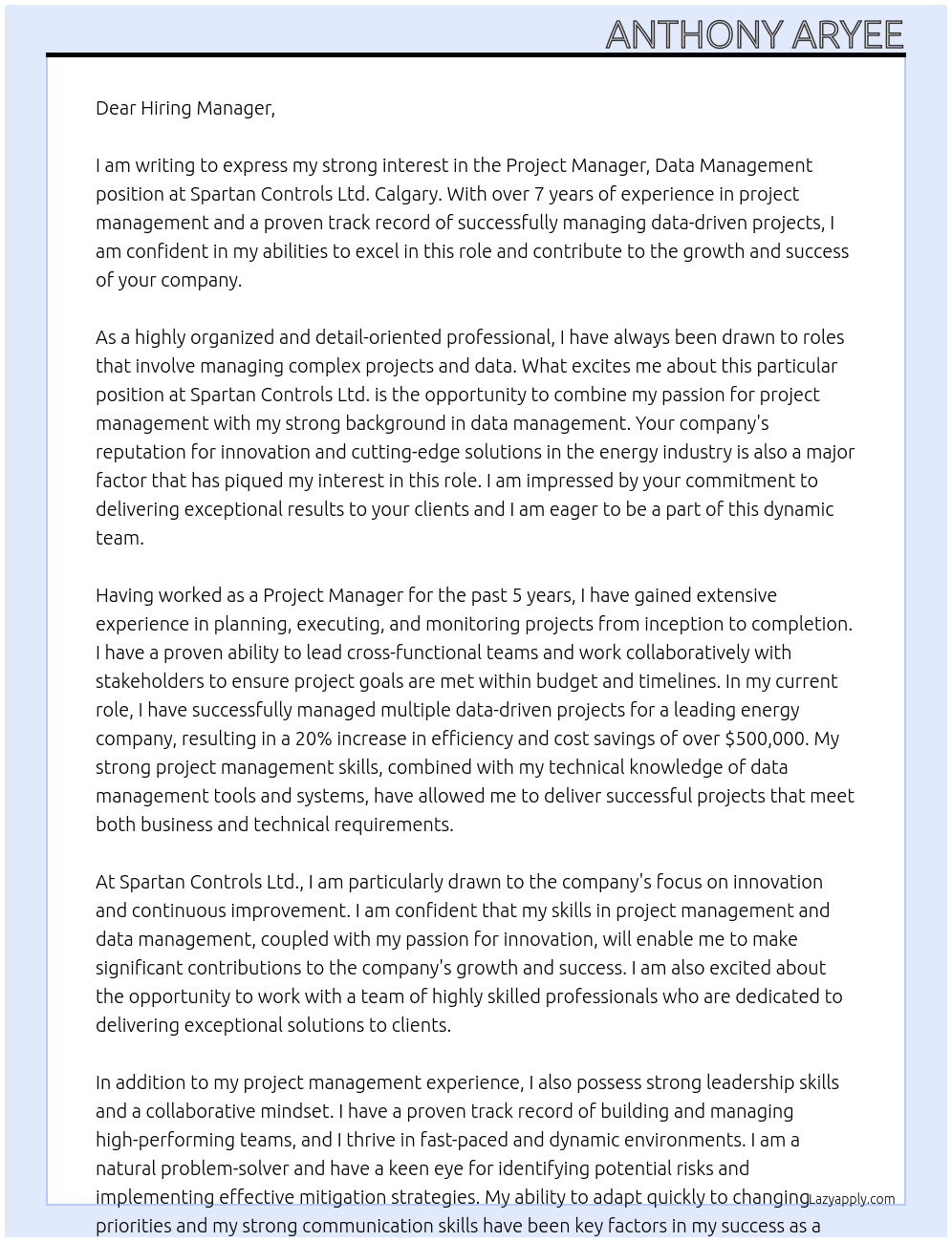 Project Manager, Data Management At Spartan Controls Ltd. Ca;gary Cover Letter