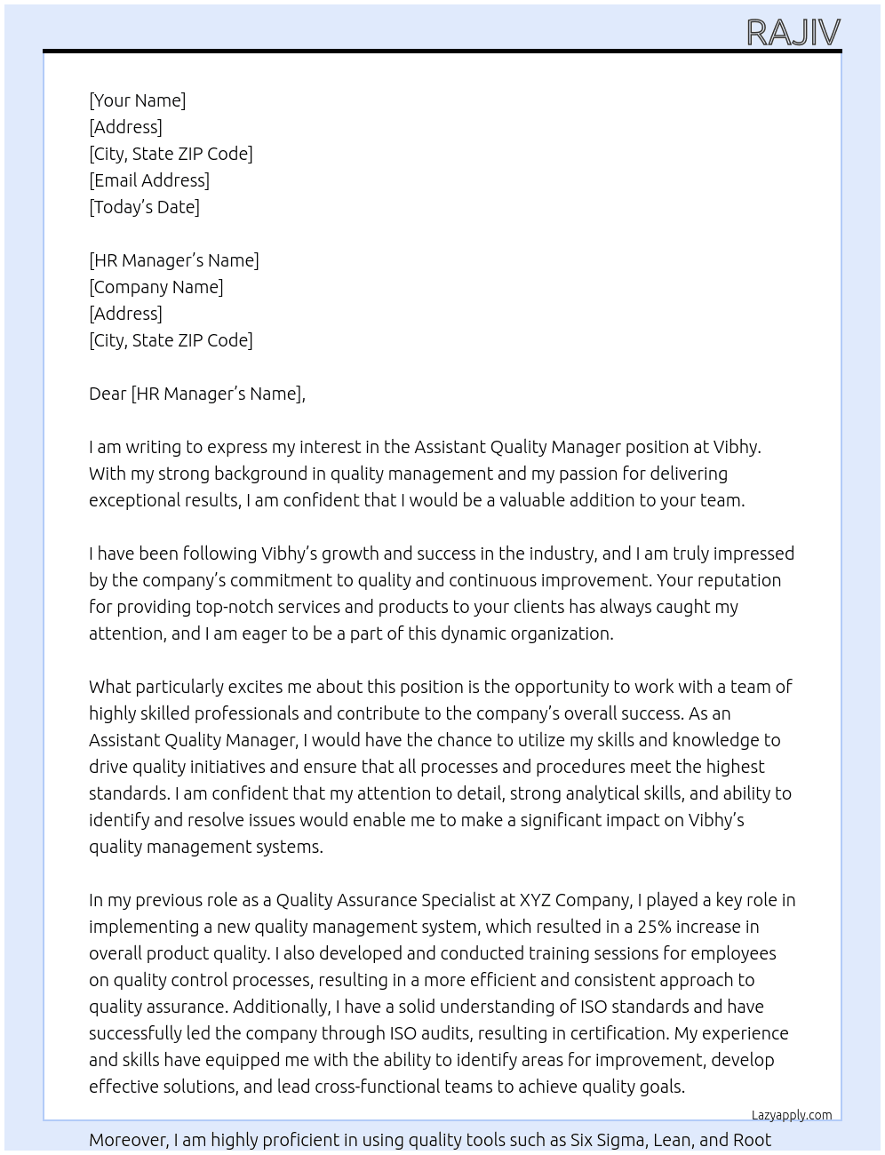 Assistant Quality Manager At Vibhy Cover Letter