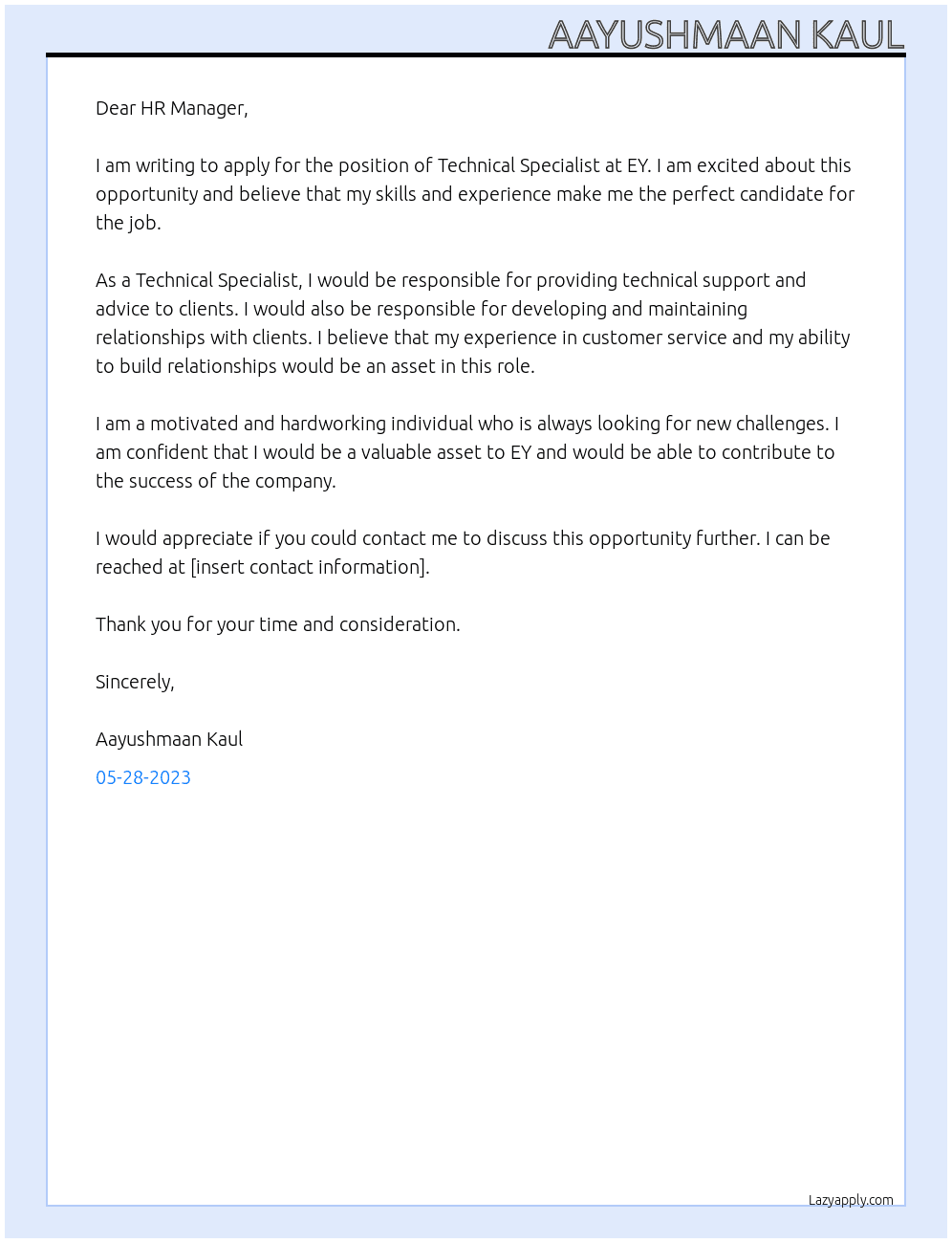 Technical Specialist  At EY Cover Letter