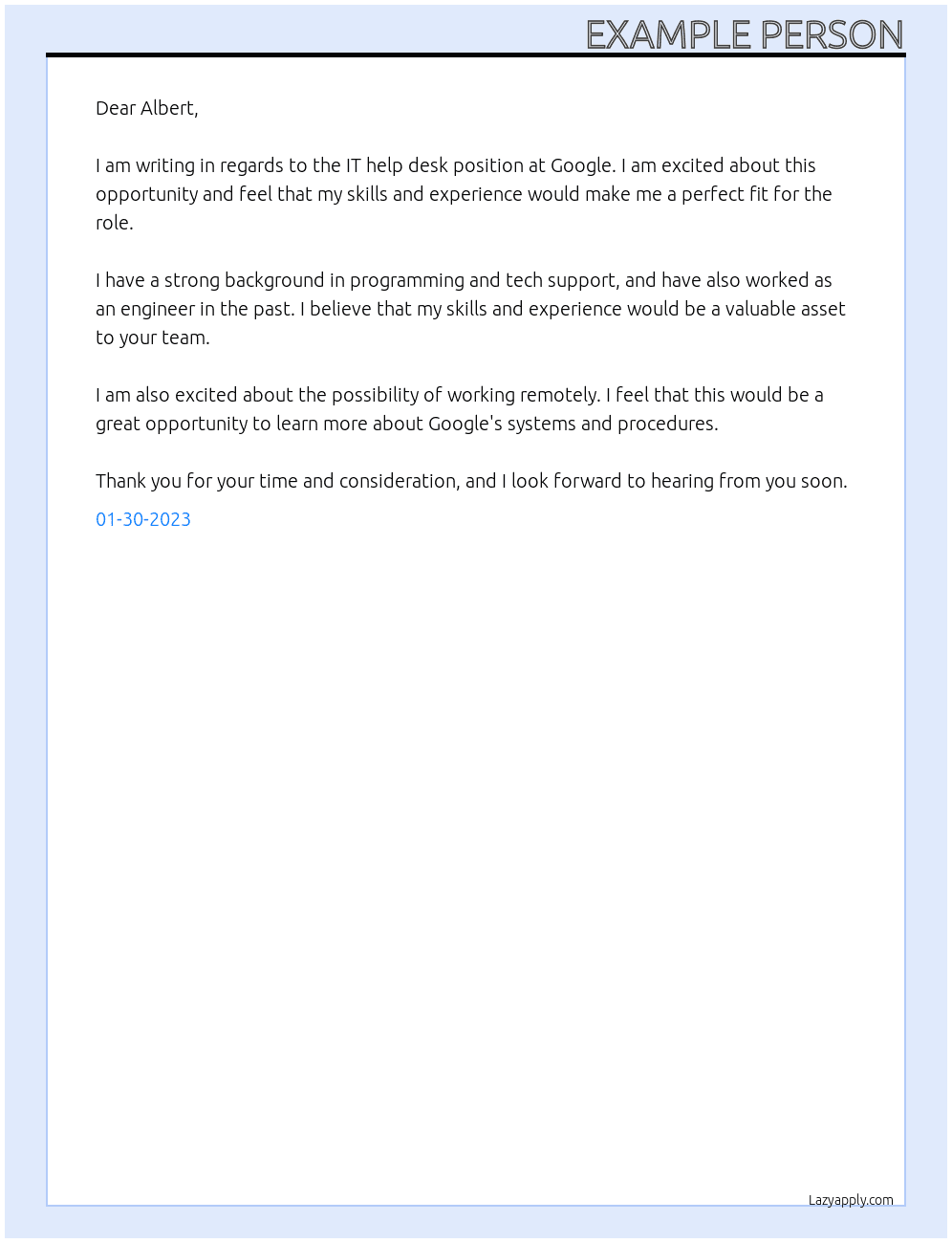 IT help desk At Google Cover Letter
