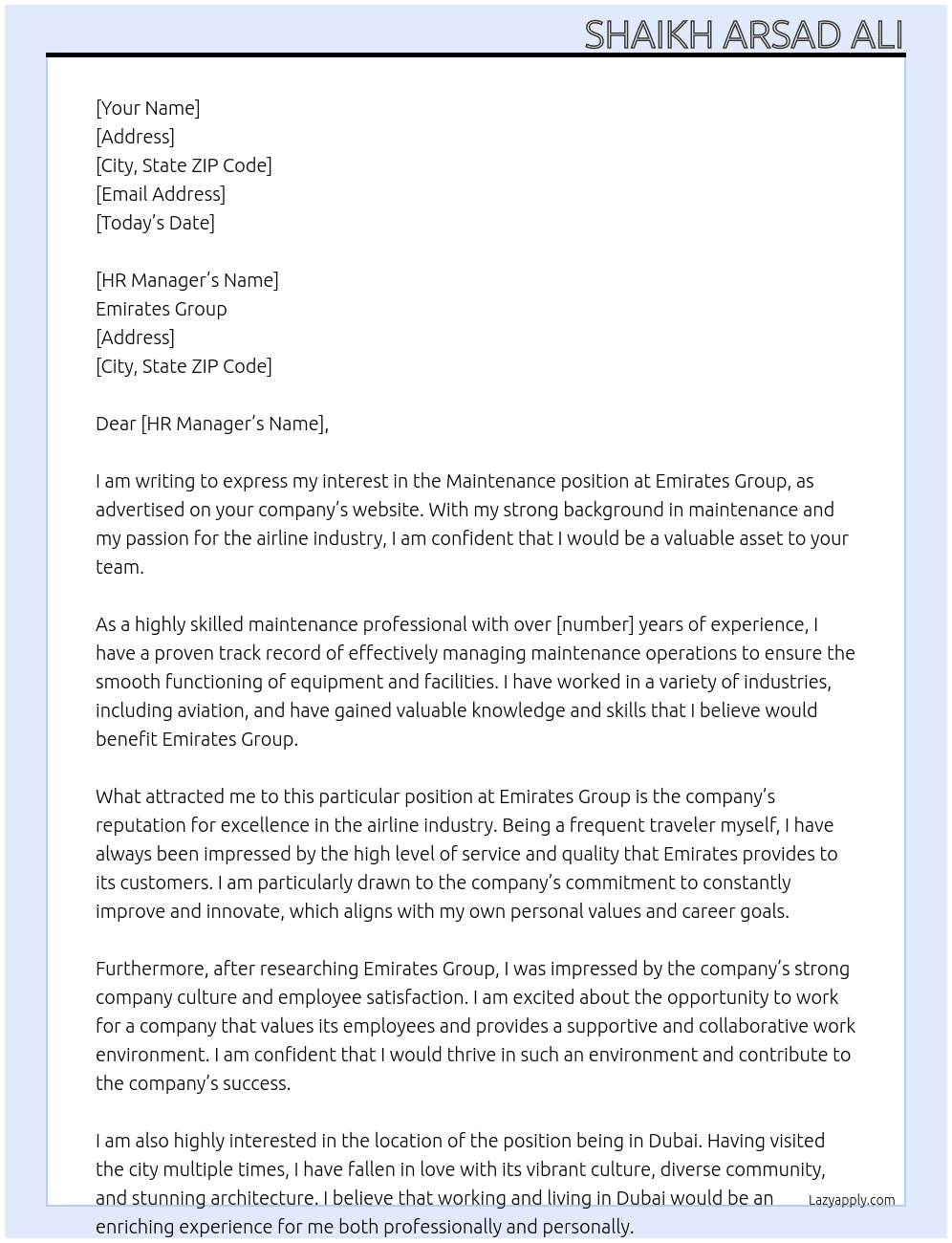 Maintenance  At Emirates group  Cover Letter
