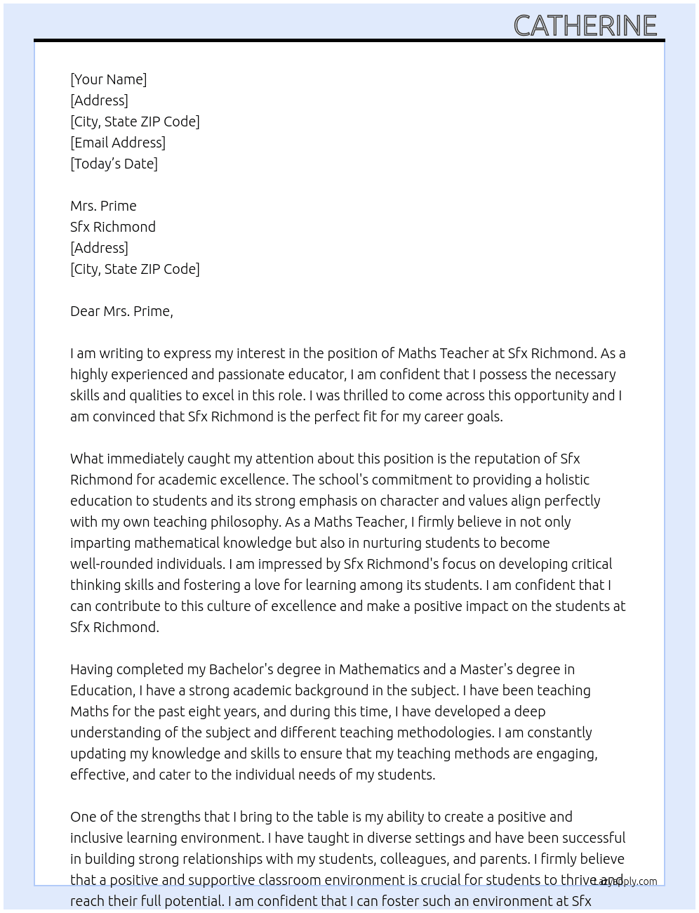 Maths Teacher  At Sfx Richmond  Cover Letter