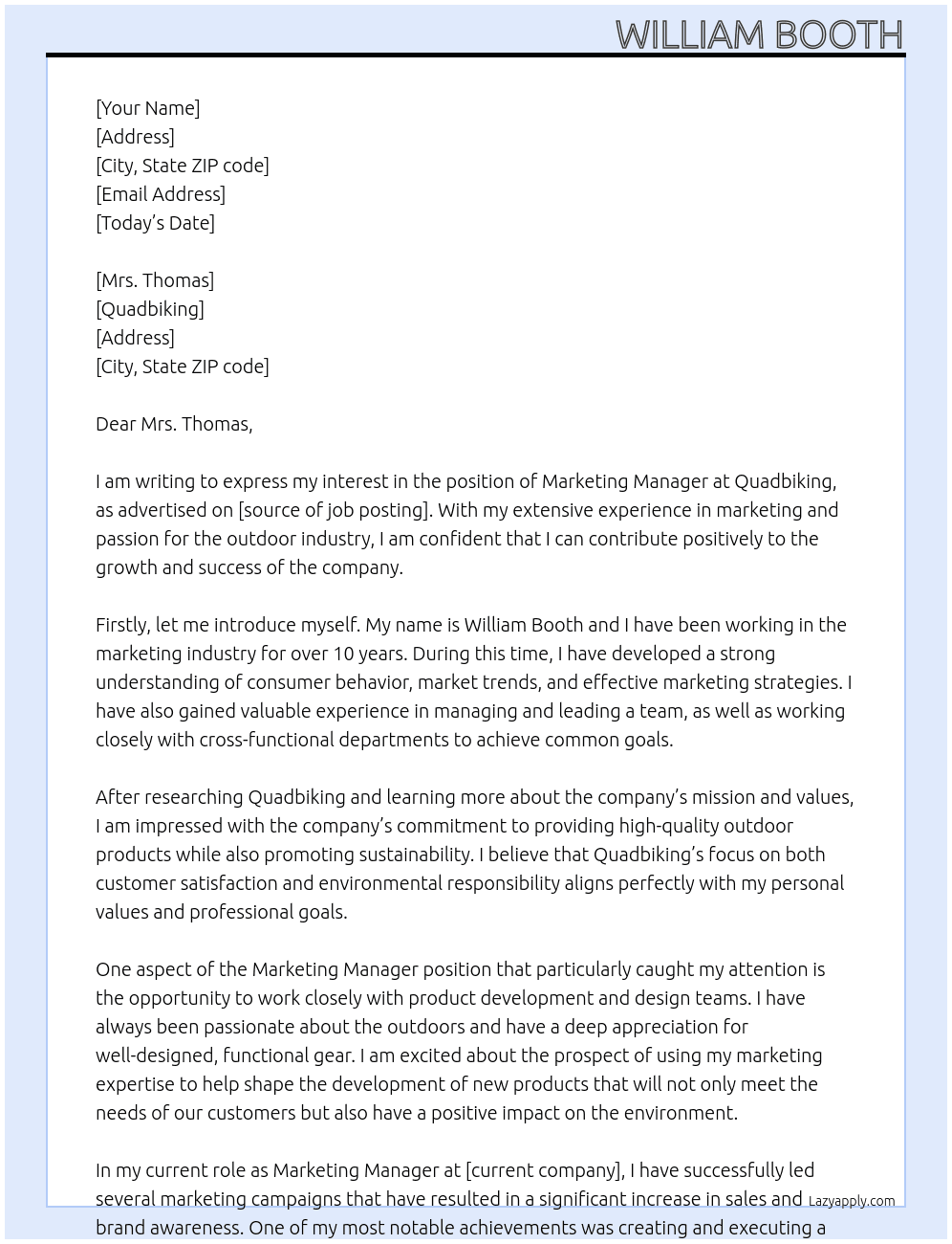 MARKETING MANGER At QUADBIKING Cover Letter