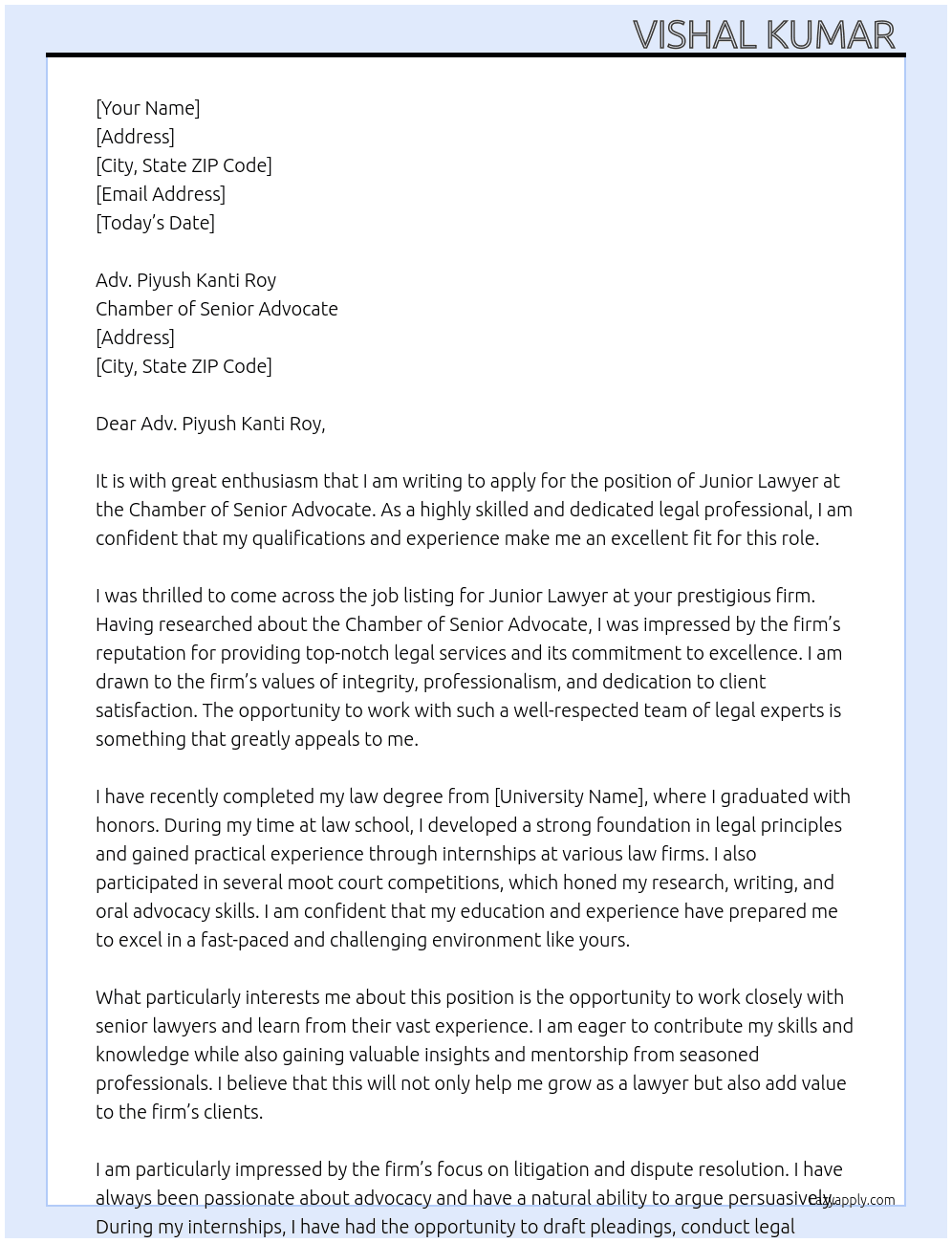 Junior Lawyer At Chamber Of Senior Advocate Cover Letter