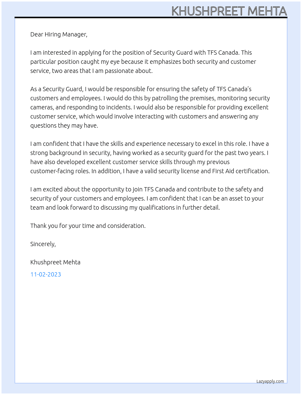 Security Guard At TFS Canada Cover Letter