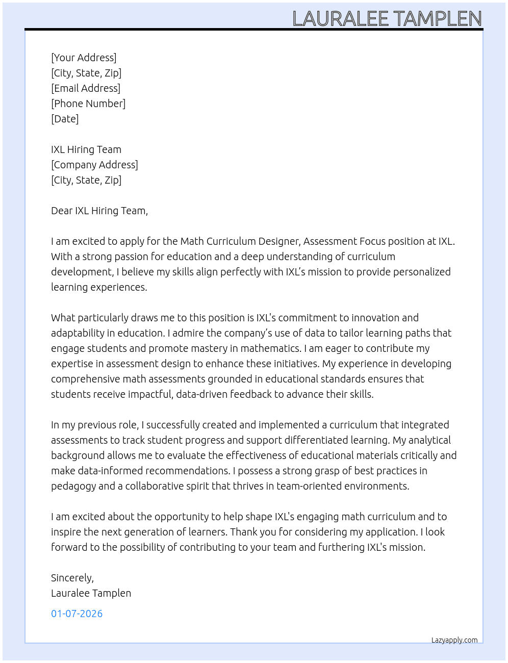 Cover letter for math curriculum designer, assessment focus - LazyApply