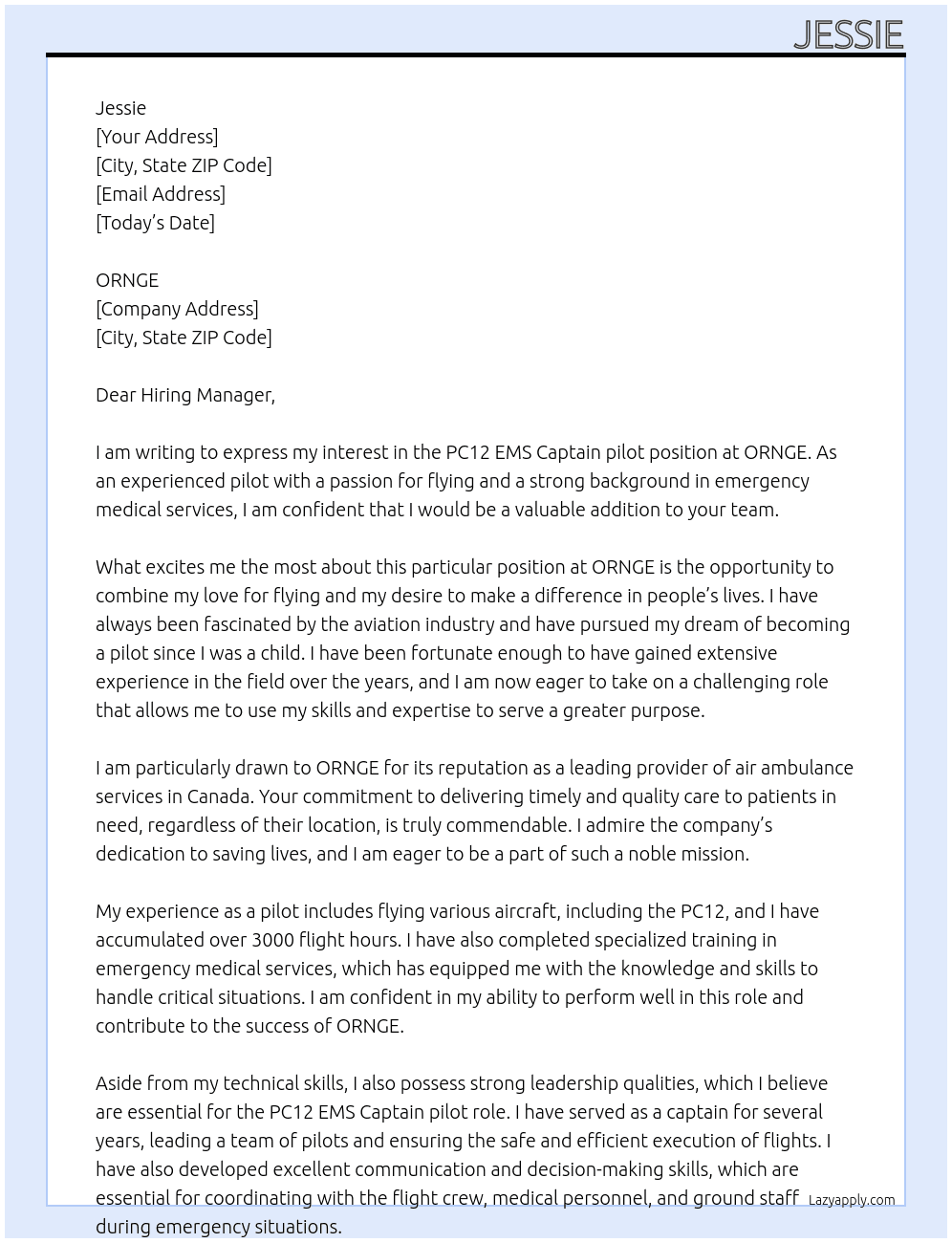 PC12 EMS Captain pilot At ORNGE Cover Letter