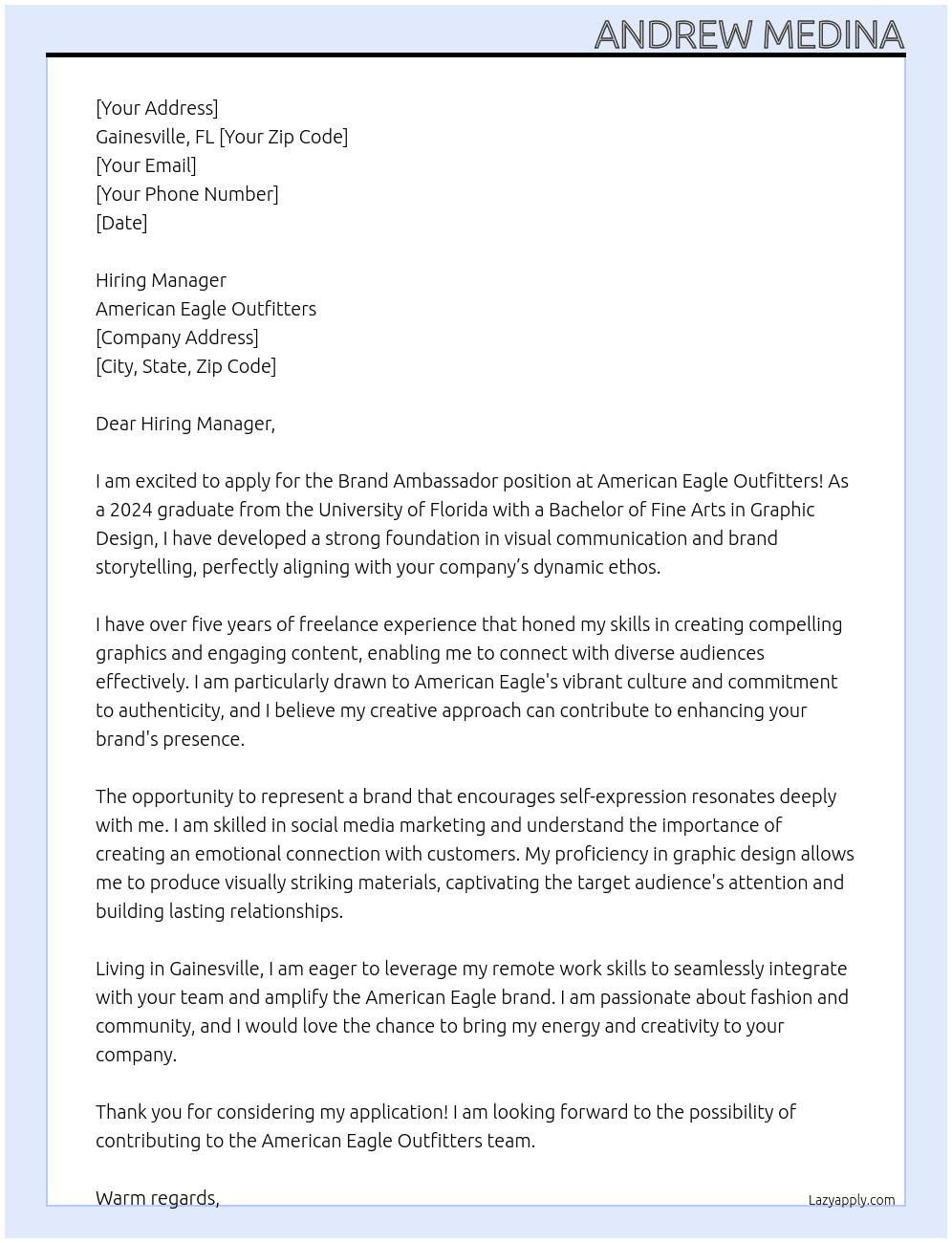 Brand Ambassador  At American Eagle Outfitters Cover Letter