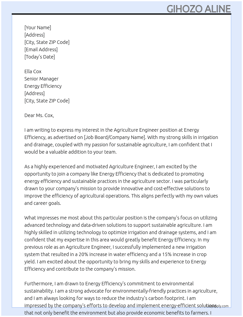 Agriculture engineer At  energy efficiency Cover Letter