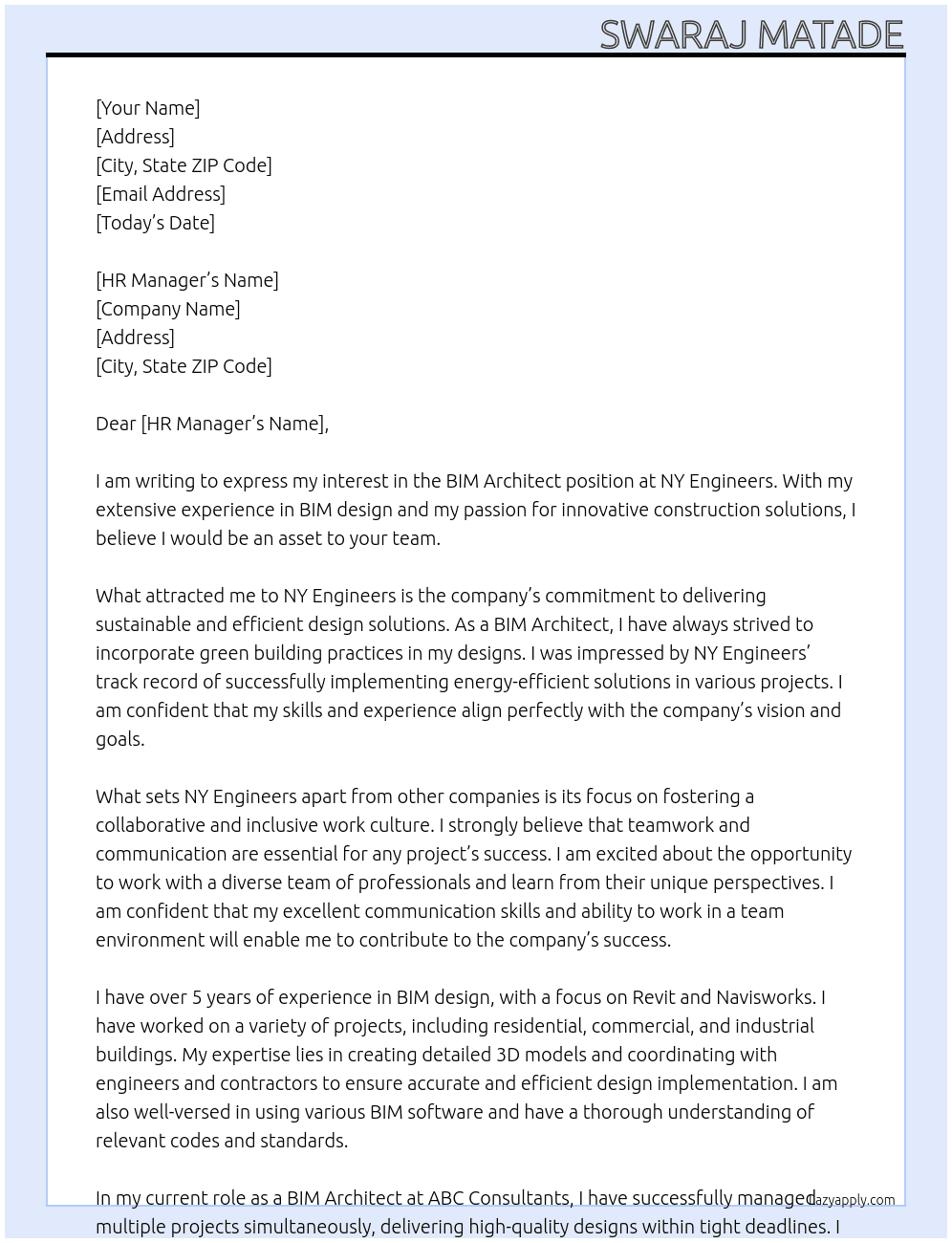 BIM Architect At ny engineers Cover Letter