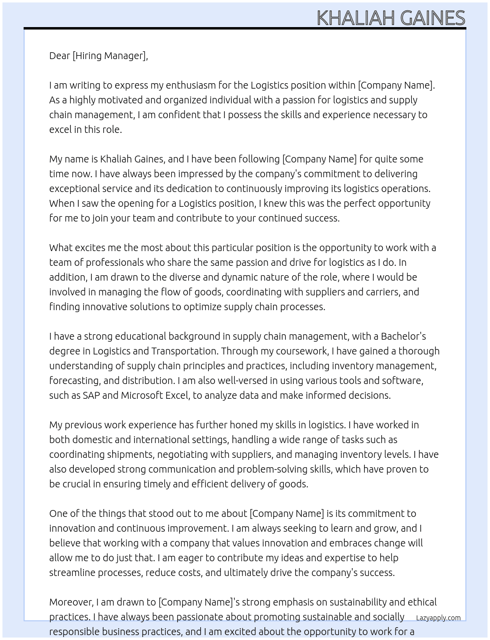 Logistics  At . Cover Letter