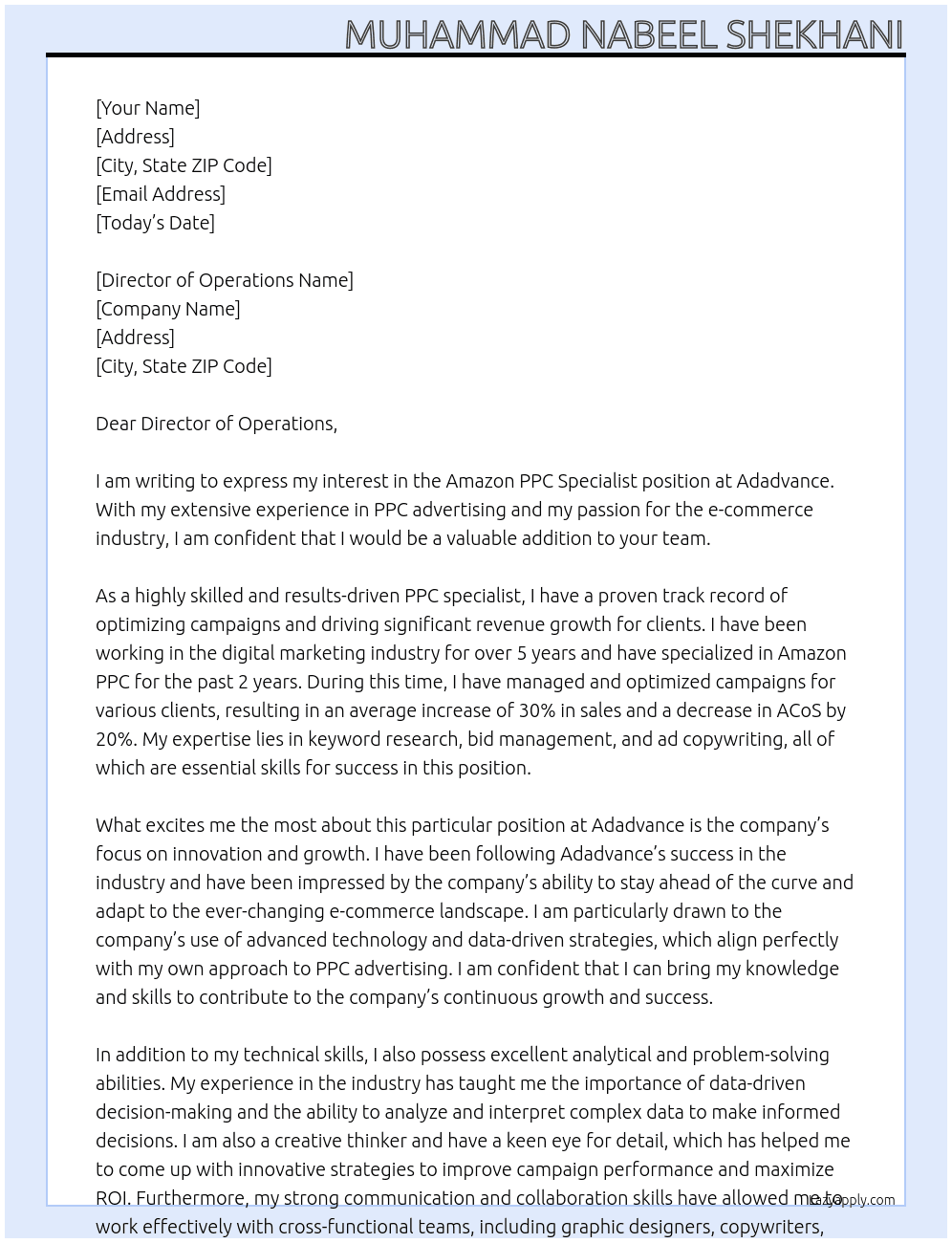 Amazon ppc specialist At adadvance Cover Letter
