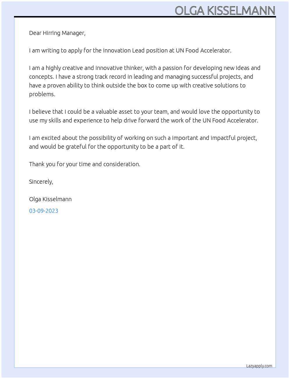 Innovation Lead At UN Food Accelerator Cover Letter