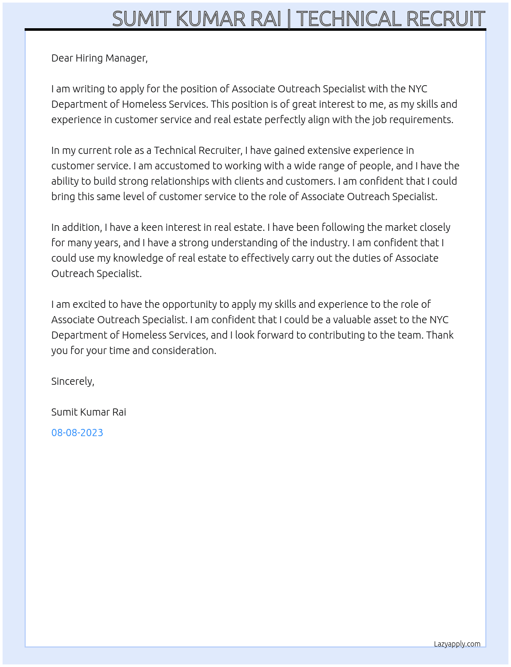 Associate Outreach Specialist (Real Estate/Customer Service) At  NYC Department of Homeless Services Cover Letter