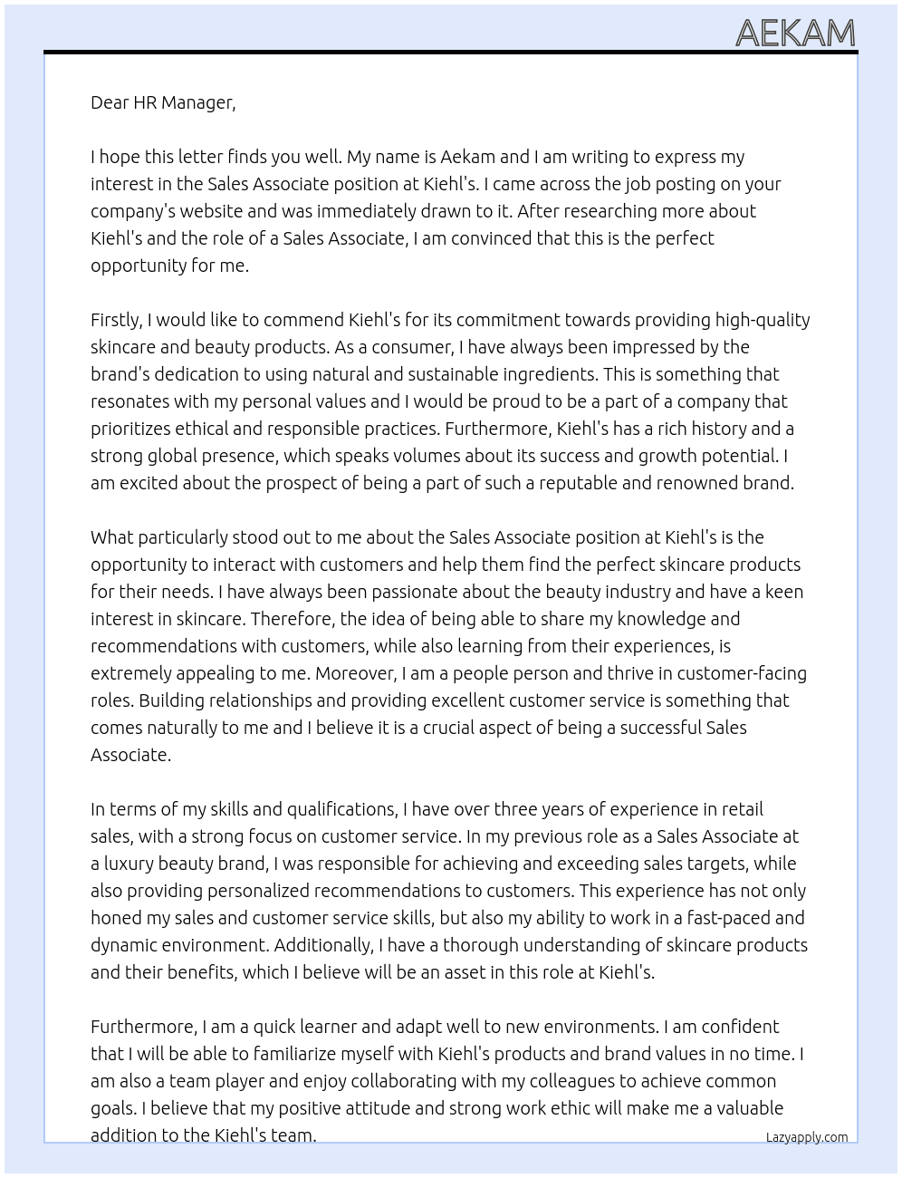Sales Associate At Kiehl's Cover Letter