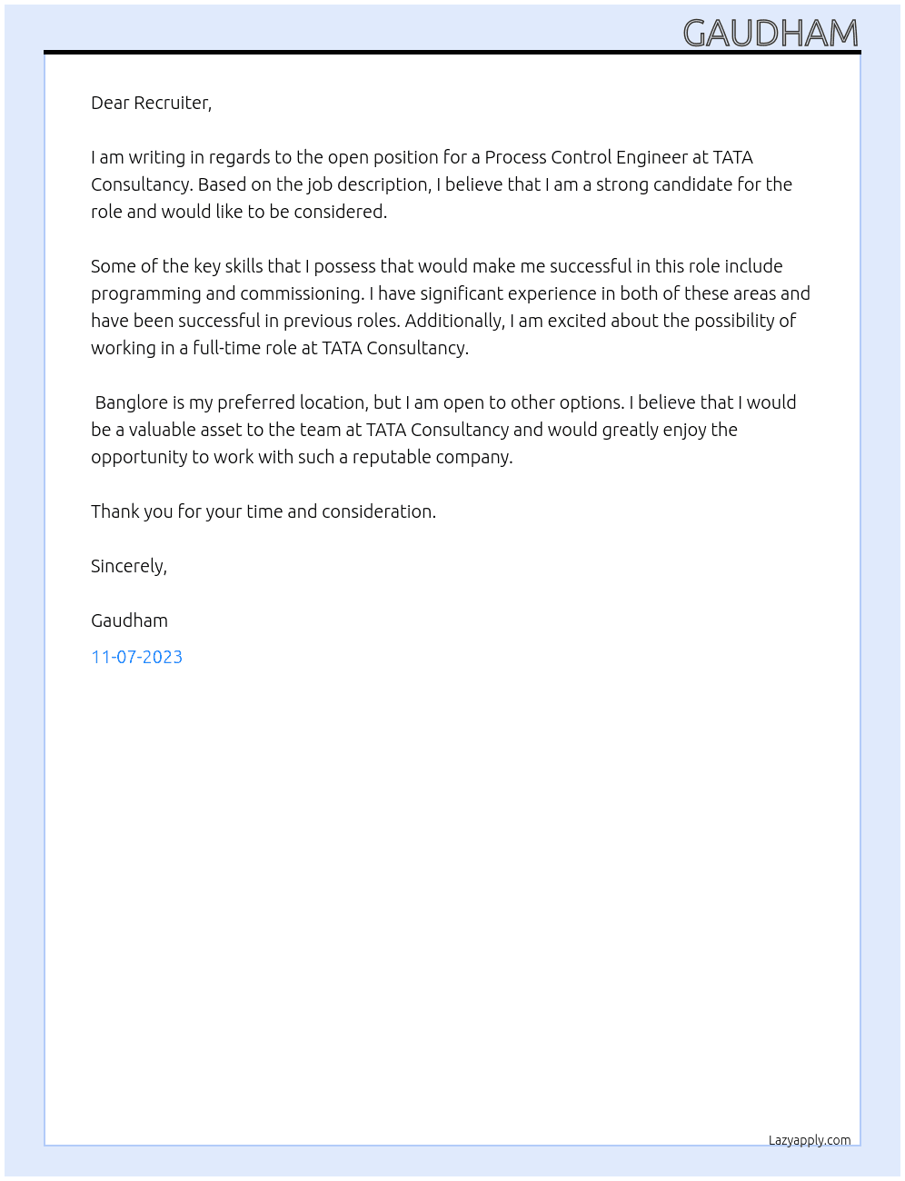 Process Control Engineer At TATA Consultancy Cover Letter