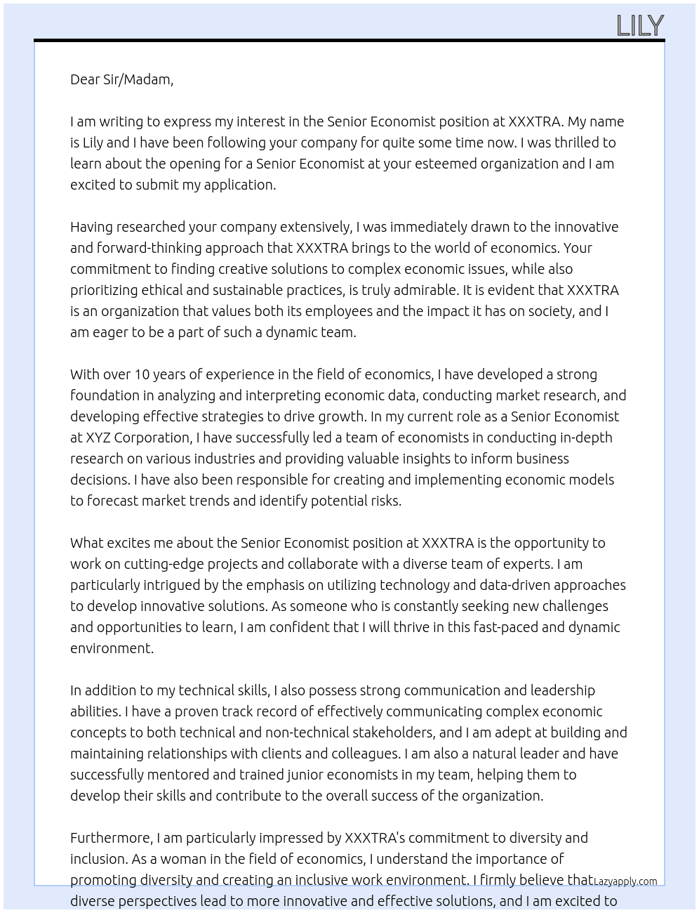 Senior Economist At XXXTRA Cover Letter