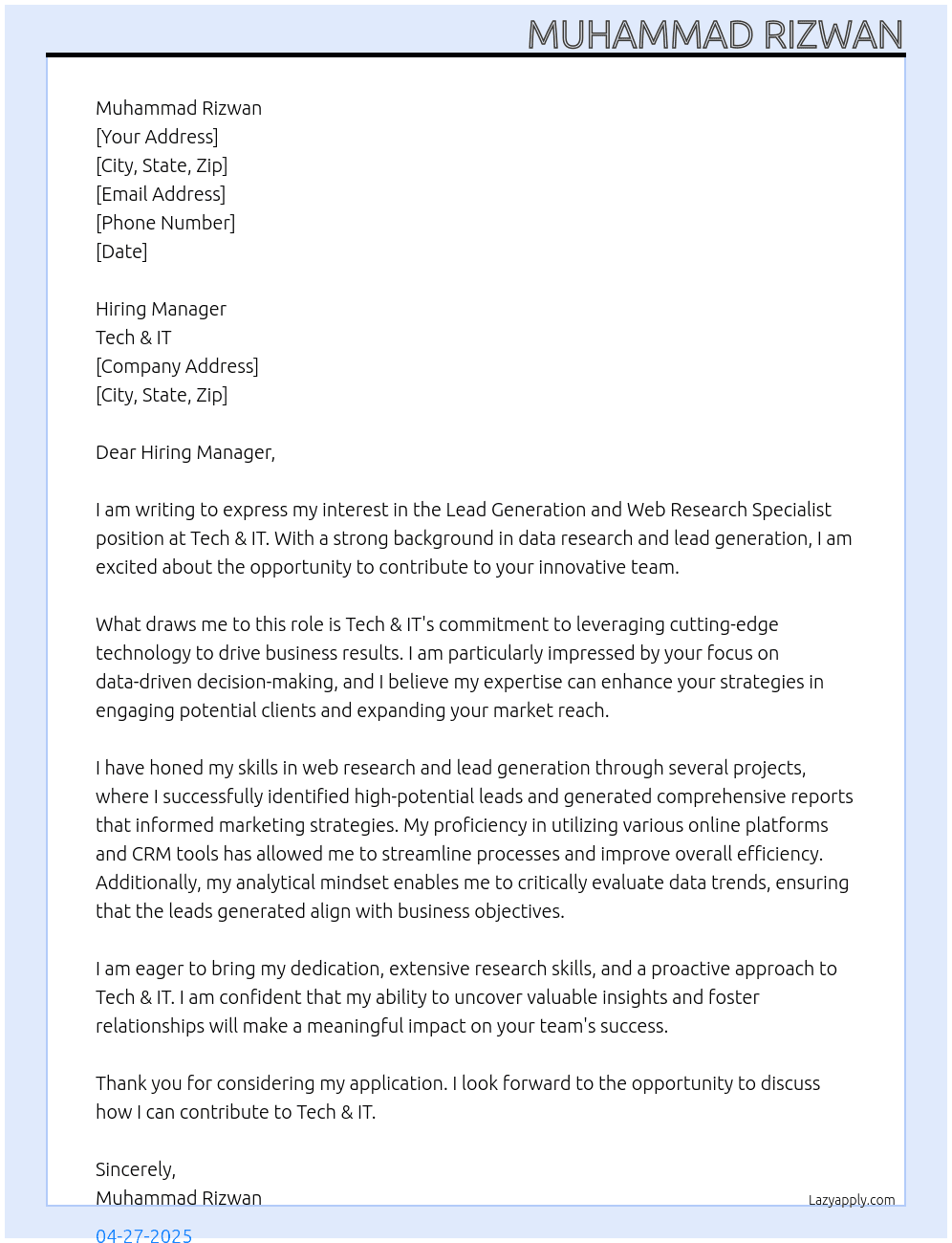 Lead Generation and Web Research Specialist At Tech & IT Cover Letter
