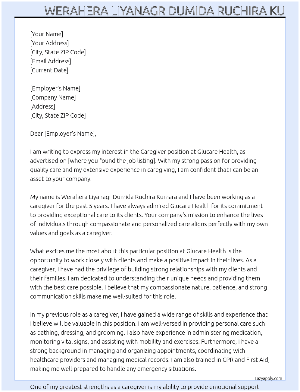 care giver At glucare health Cover Letter