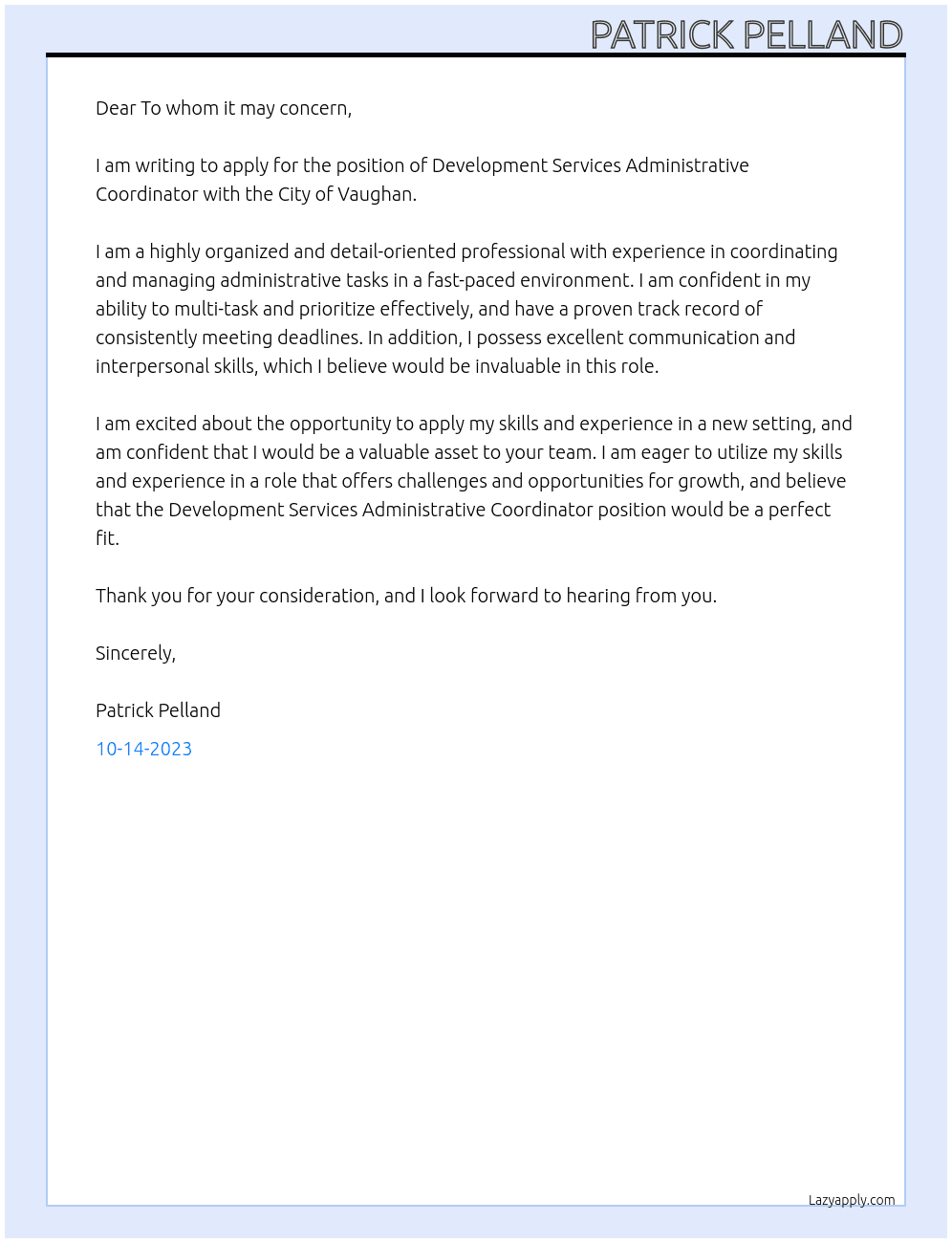 Development Services Administrative Coordinator At City of Vaughan Cover Letter