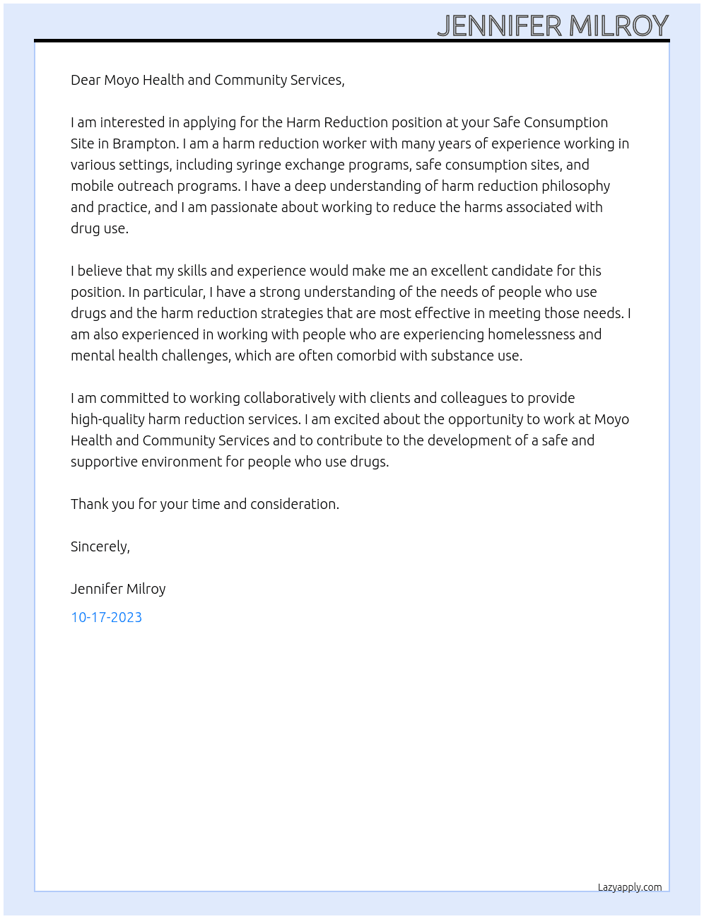 Harm Reduction At Moyo Health and Community Services Cover Letter
