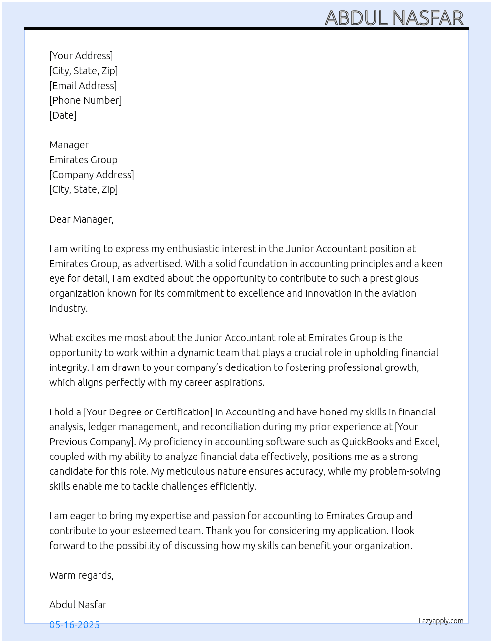 Junior Accountant  At Emirates Group  Cover Letter