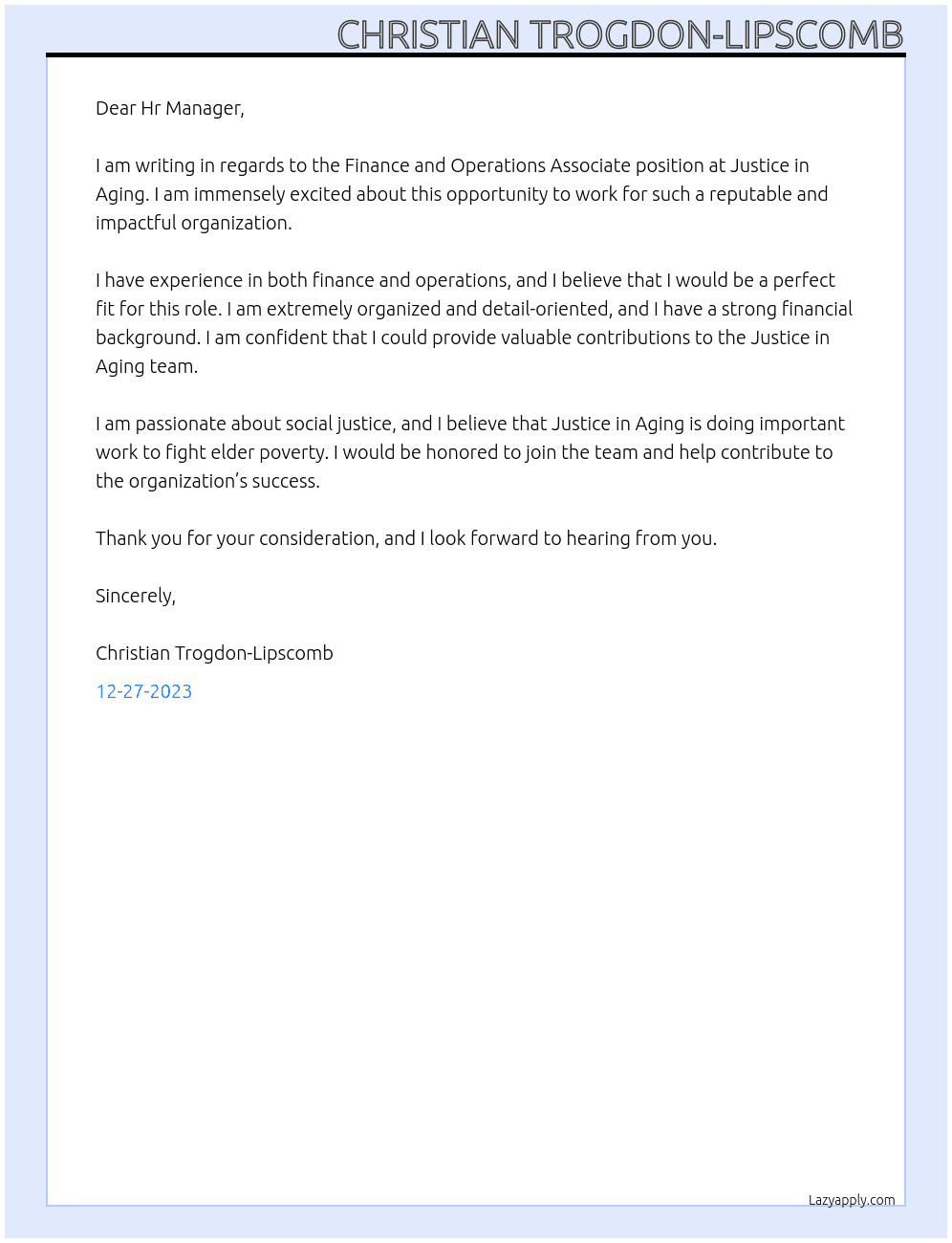 Finance and Operations Associate At Justice in Aging Cover Letter