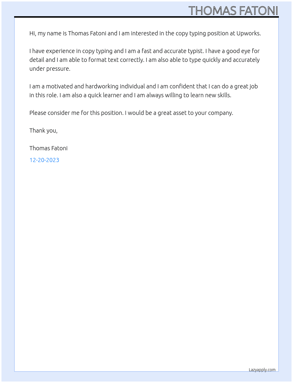 copy typing At upworks Cover Letter