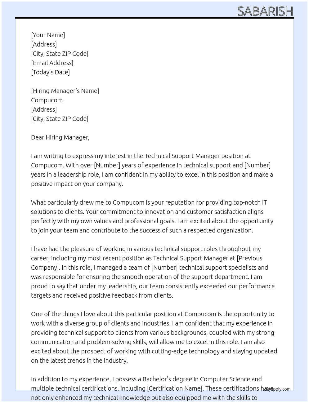Technical Support Manager At Compucom Cover Letter