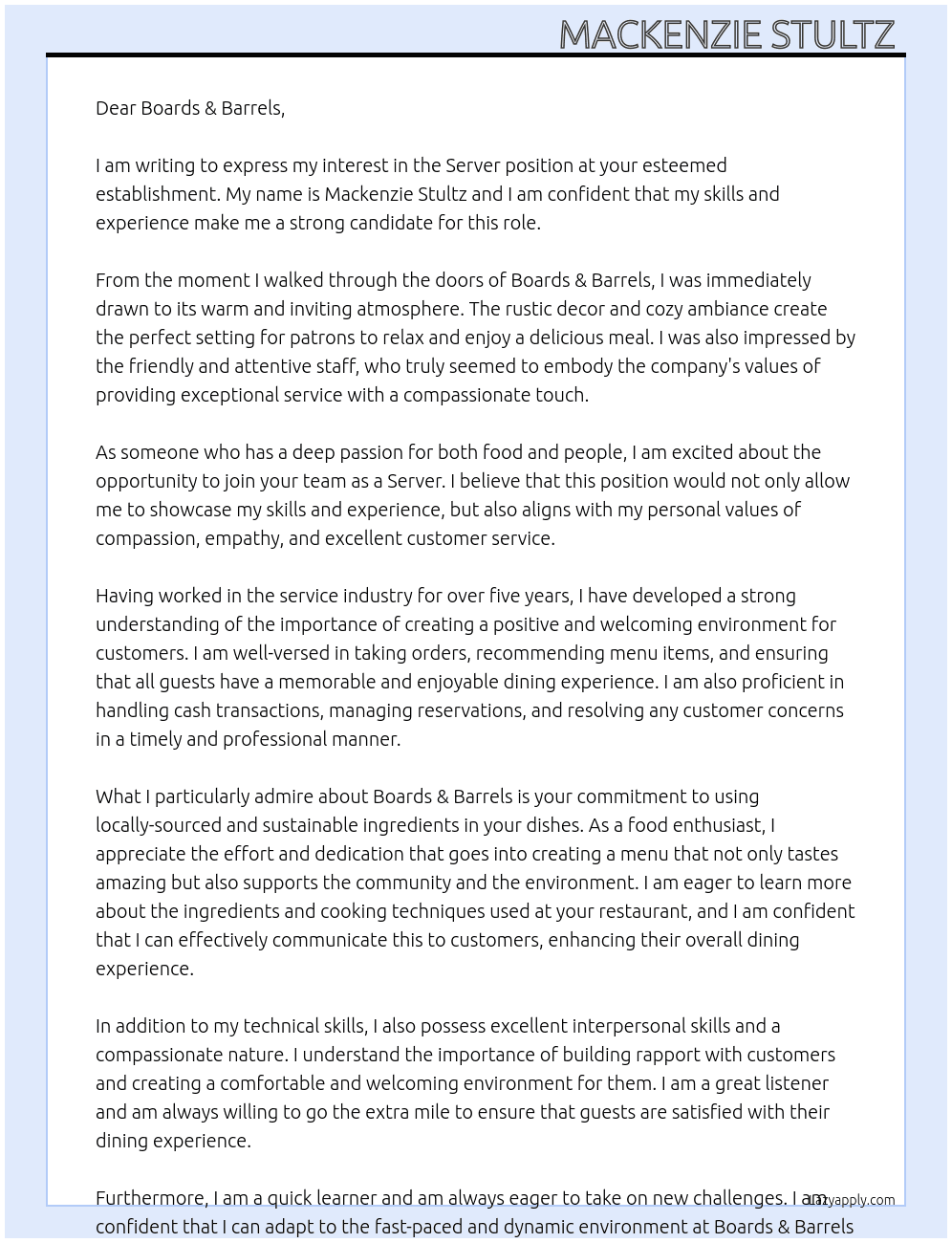Server At Boards & Barrels  Cover Letter